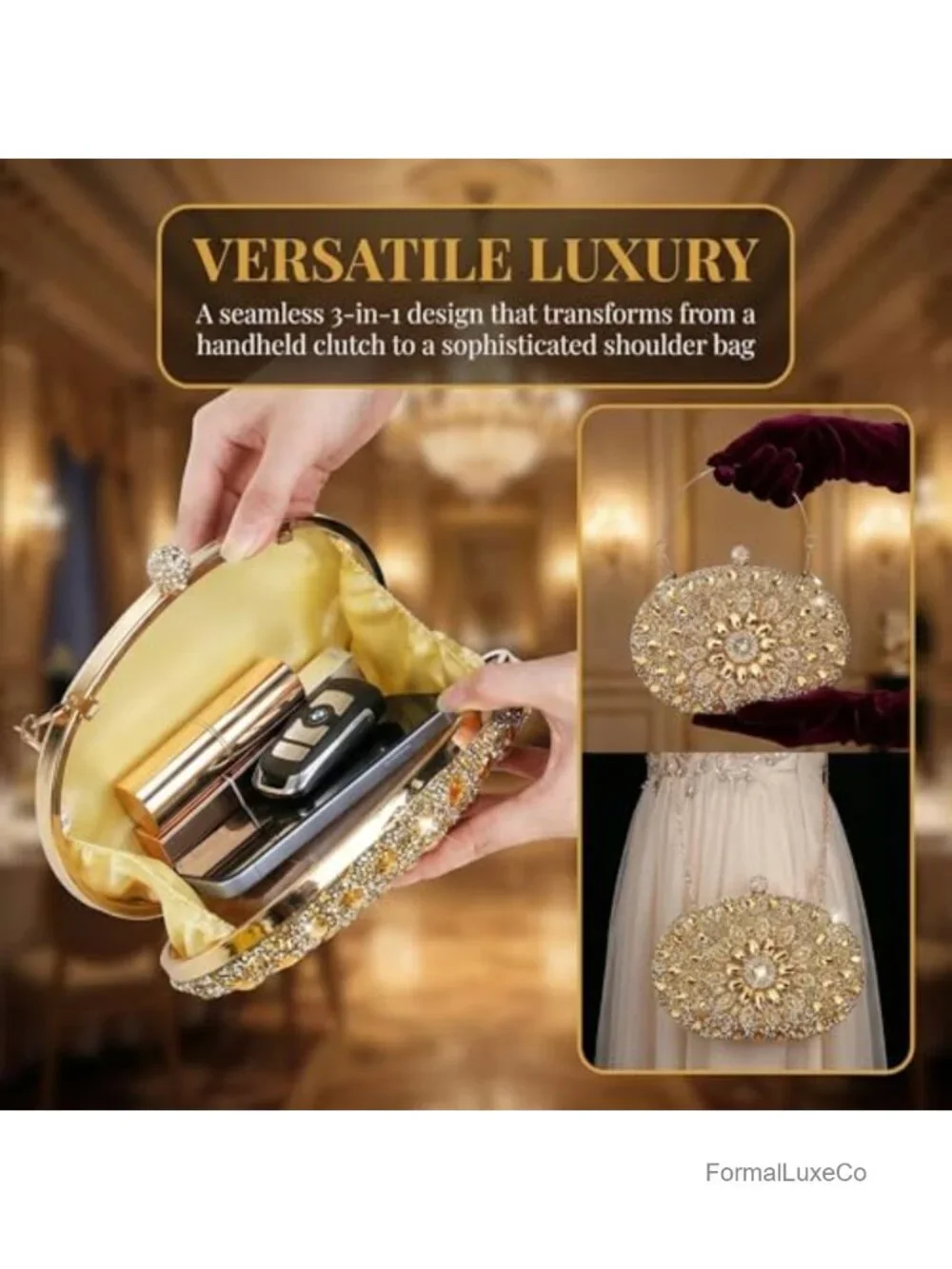 Rhinestone Evening Clutch Purse with Detachable Chain, Sparkling Glitter Wrist